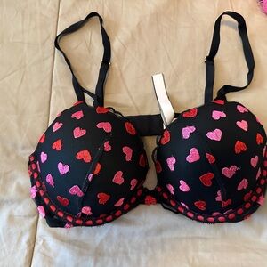 Victoria's Secret Black Push-Up Bra with Red & Pink Heart Embroidery
